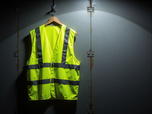 Safety coveralls and protective vests displayed on hangers