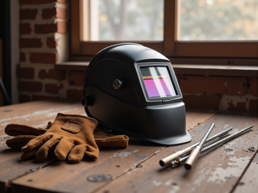 Protective face shields and welding helmets displayed on a workbench