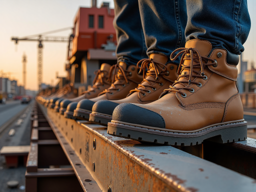 Professional safety boots with steel toes displayed on a workbench