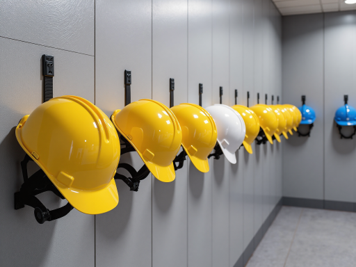 Industrial hard hats and safety helmets of different colors and styles displayed together