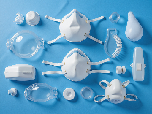 Professional respiratory protection masks and filters arranged on a clean surface