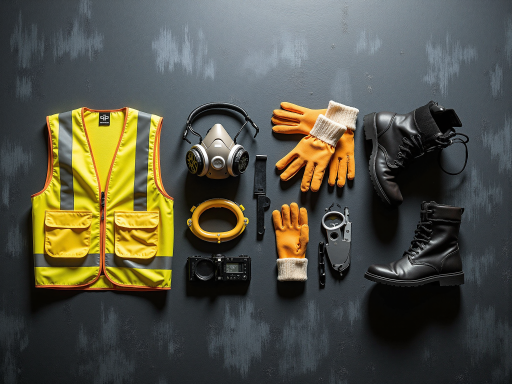 Professional safety equipment including helmets, gloves, and protective clothing arranged on a workbench with industrial background
